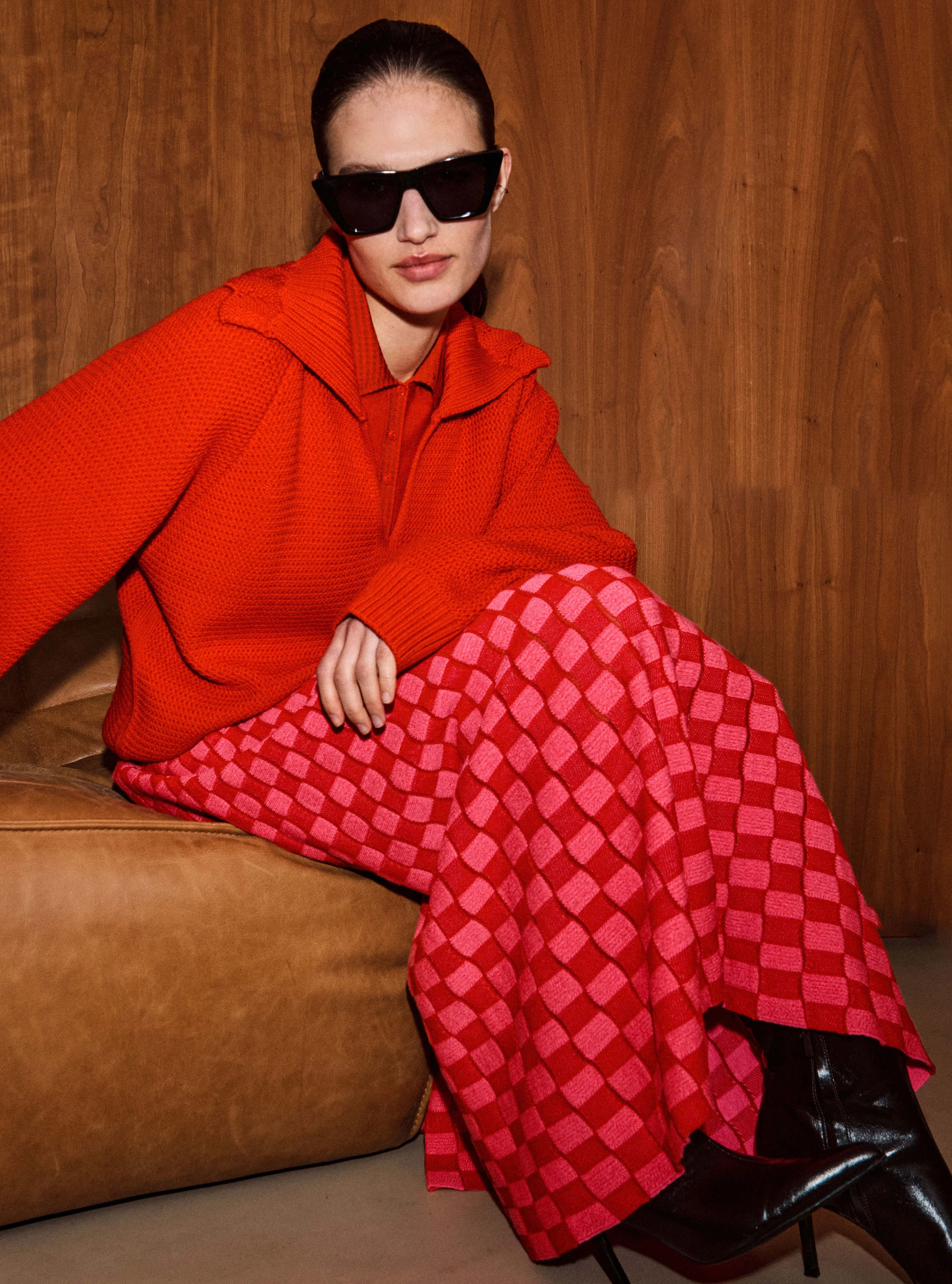 Molli | Delicate Jacquard Flared Midi Skirt - Neon-Pink-Bright-Red - Image 2
