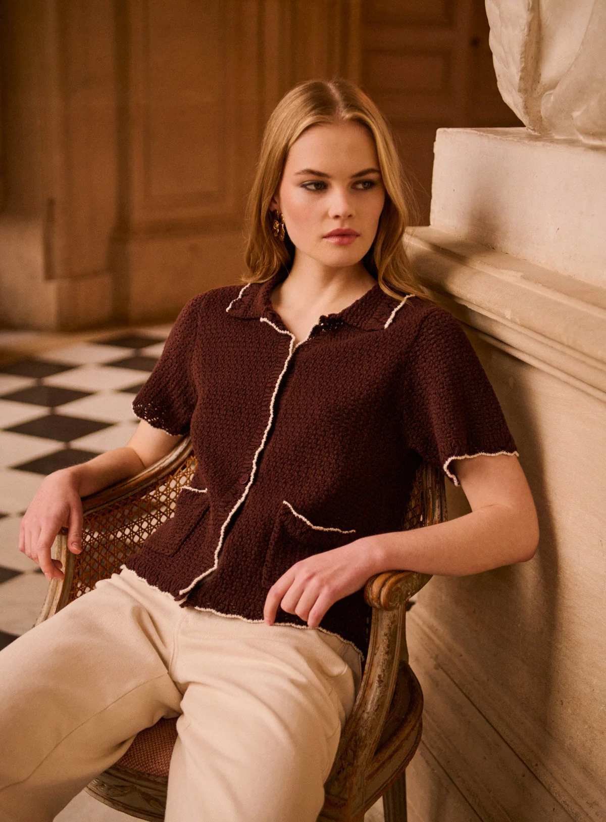 Petite Mendigote | Cardigan Mina 126 - Openwork Waffle Knit in Chocolat - Image 2