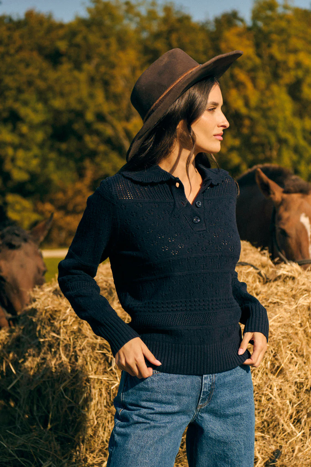 Petite Mendigote | Openwork Polo Knit Sweater Navy