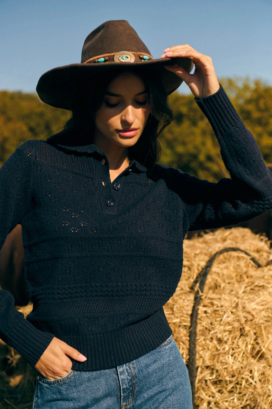 Petite Mendigote | Openwork Polo Knit Sweater Navy - Image 3