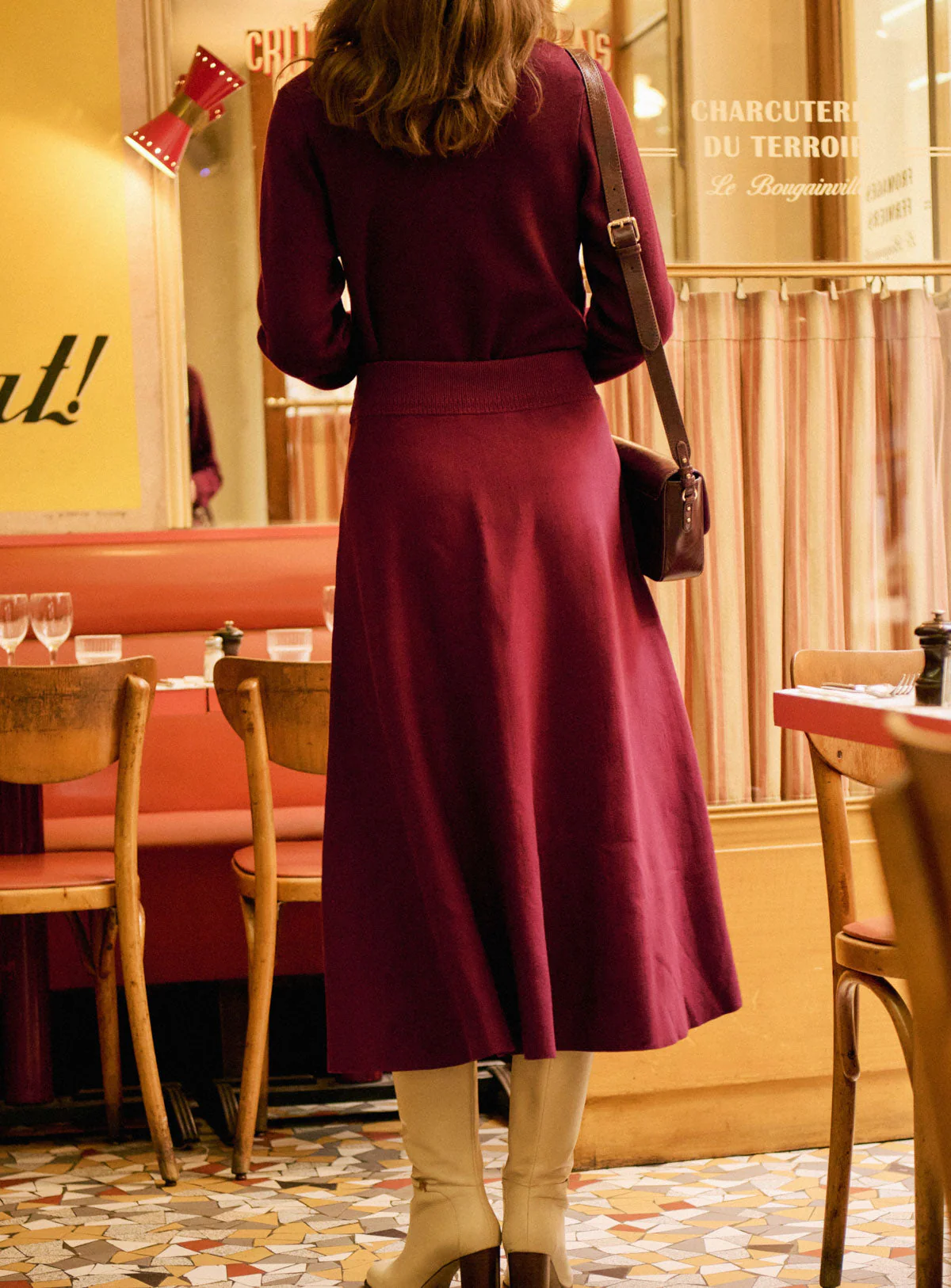 Petite Mendigote | Burgundy Flared Midi Knit Skirt - Fine Rib Wine - Image 4