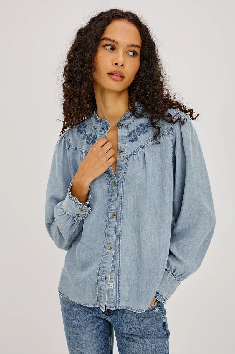 Rails | Alanna Embroidered TENCEL Denim Blouse - Cloud Wash Medium-Cloud-Wash
