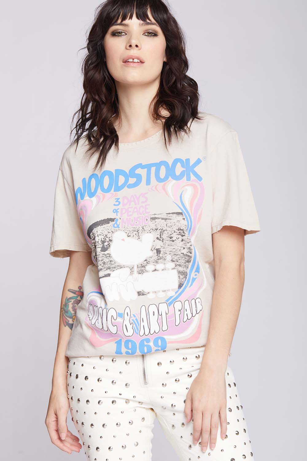 Recycled Karma | Boyfriend Tee - Vintage Woodstock Graphic Old-Lace - Image 3