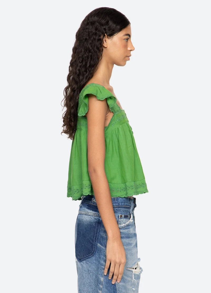 Sea NY | Eliza Flutter Sleeve Top - Cropped Pleated Silhouette Green - Image 3