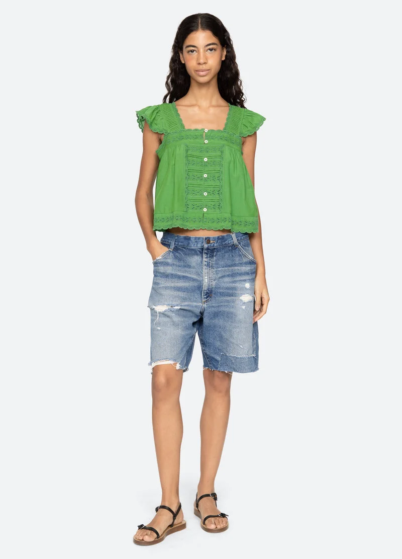Sea NY | Eliza Flutter Sleeve Top - Cropped Pleated Silhouette Green - Image 7
