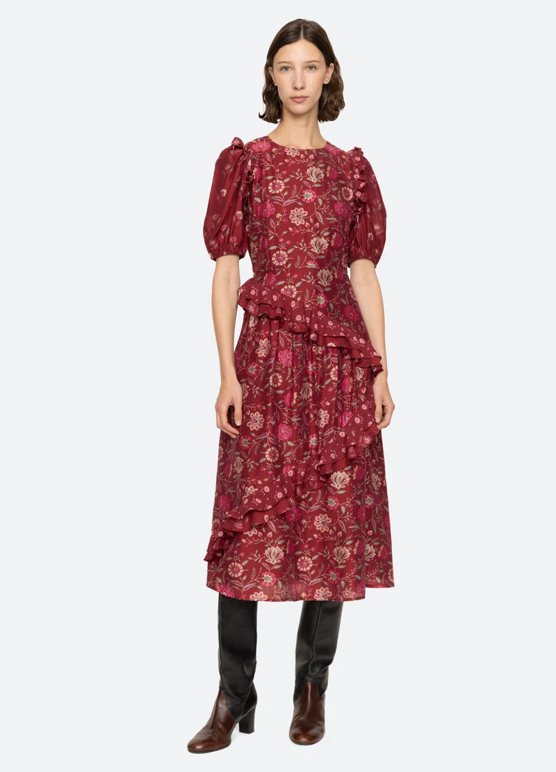 Sea NY | Famke Floral Puff-Sleeve Midi Dress - Magenta