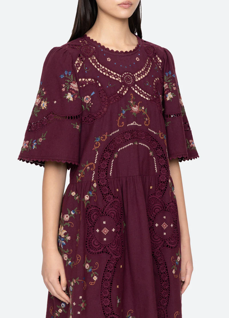 Sea NY | Edwina Embroidered Dress - Burgundy - Image 6