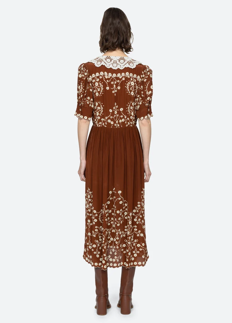 Sea NY | Frances Floral Print Midi Dress - Lace Collar Brown - Image 3