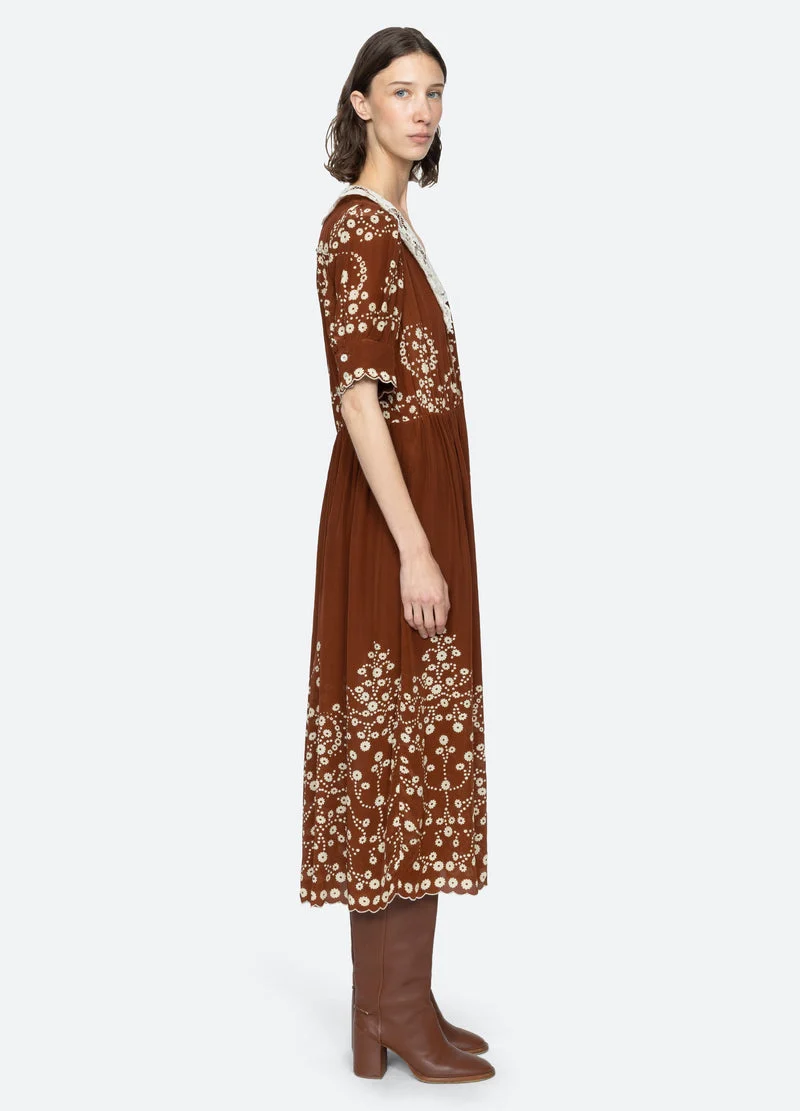 Sea NY | Frances Floral Print Midi Dress - Lace Collar Brown - Image 4