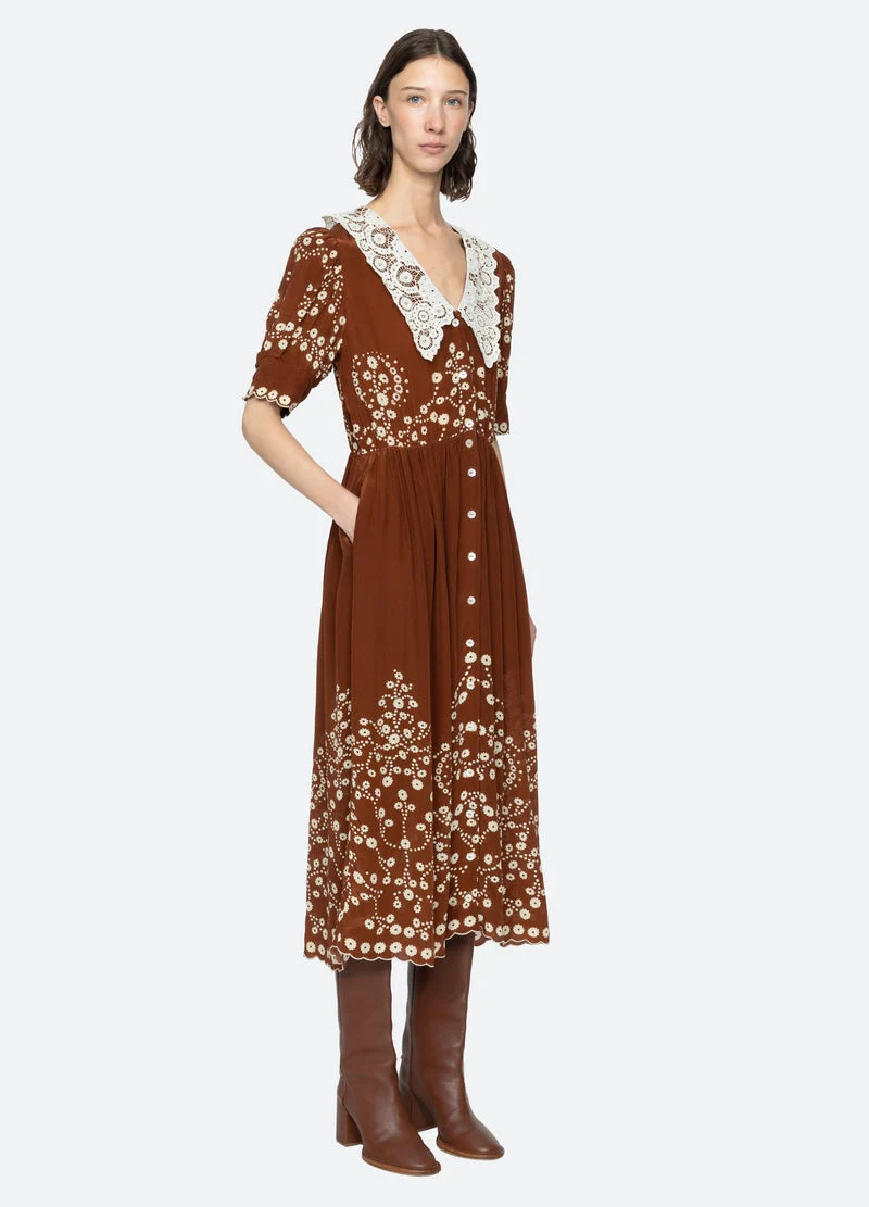 Sea NY | Frances Floral Print Midi Dress - Lace Collar Brown - Image 5