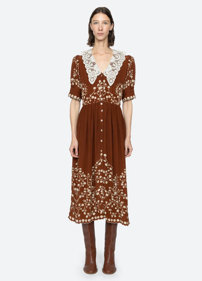 Sea NY | Frances Floral Print Midi Dress - Lace Collar Brown - Image 7