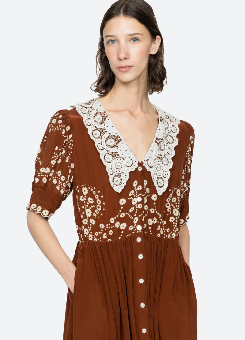 Sea NY | Frances Floral Print Midi Dress - Lace Collar Brown - Image 8