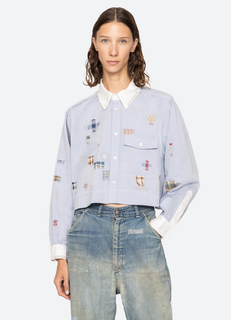 Sea NY | Claira Cropped Oxford Shirt - Contrast Collar & Embroidery Blue