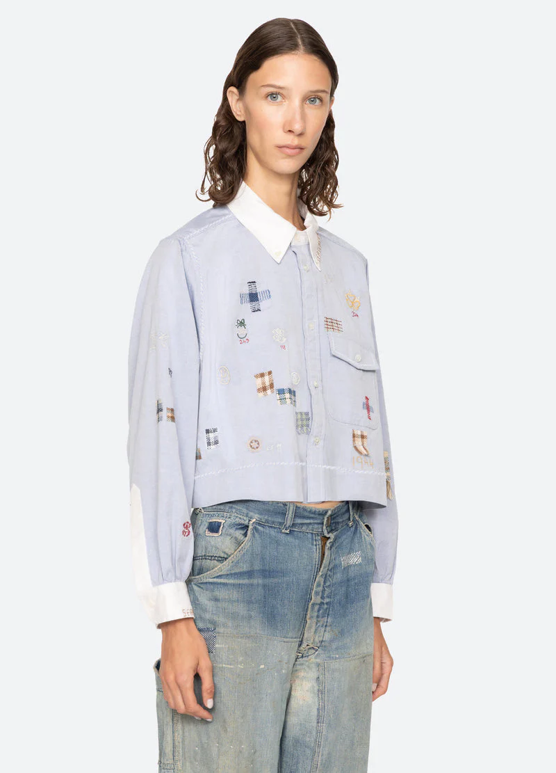 Sea NY | Claira Cropped Oxford Shirt - Contrast Collar & Embroidery Blue - Image 6