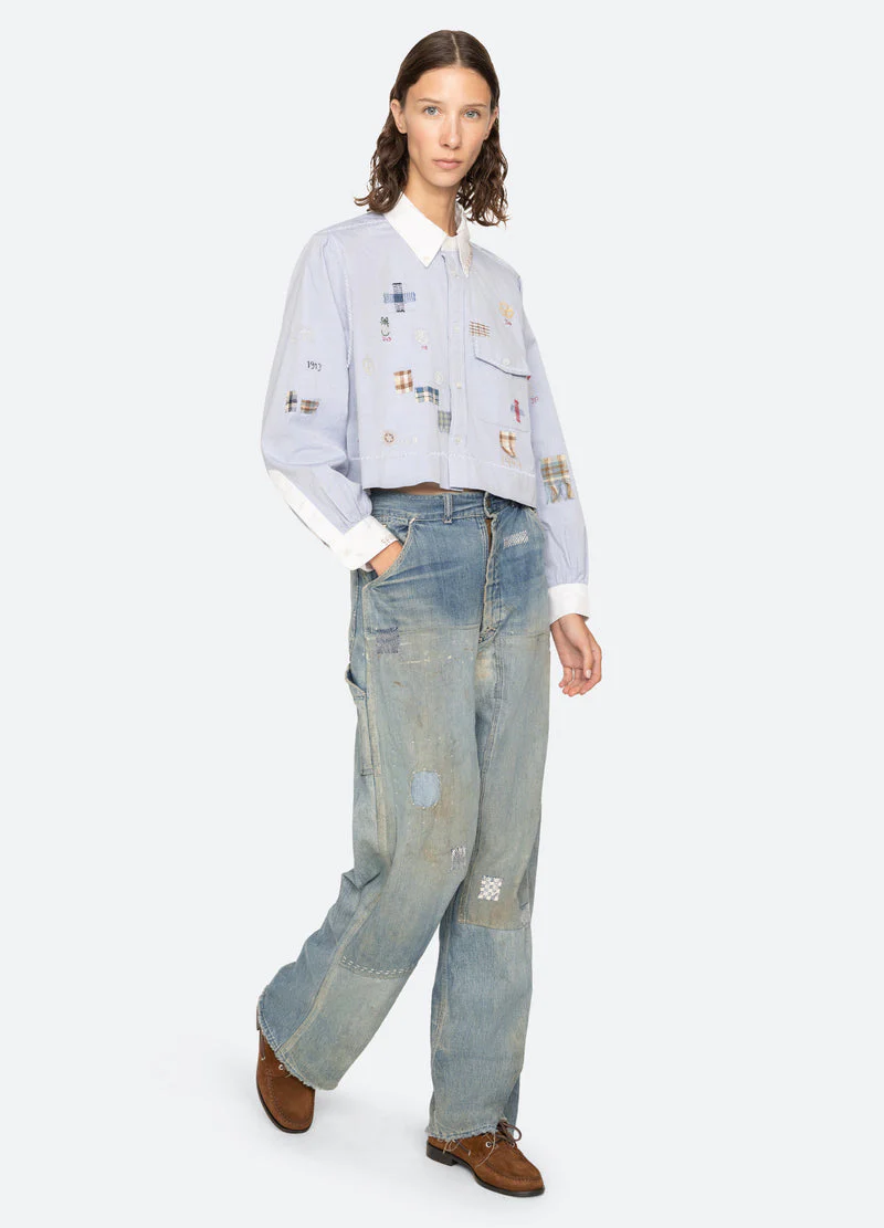 Sea NY | Claira Cropped Oxford Shirt - Contrast Collar & Embroidery Blue - Image 8