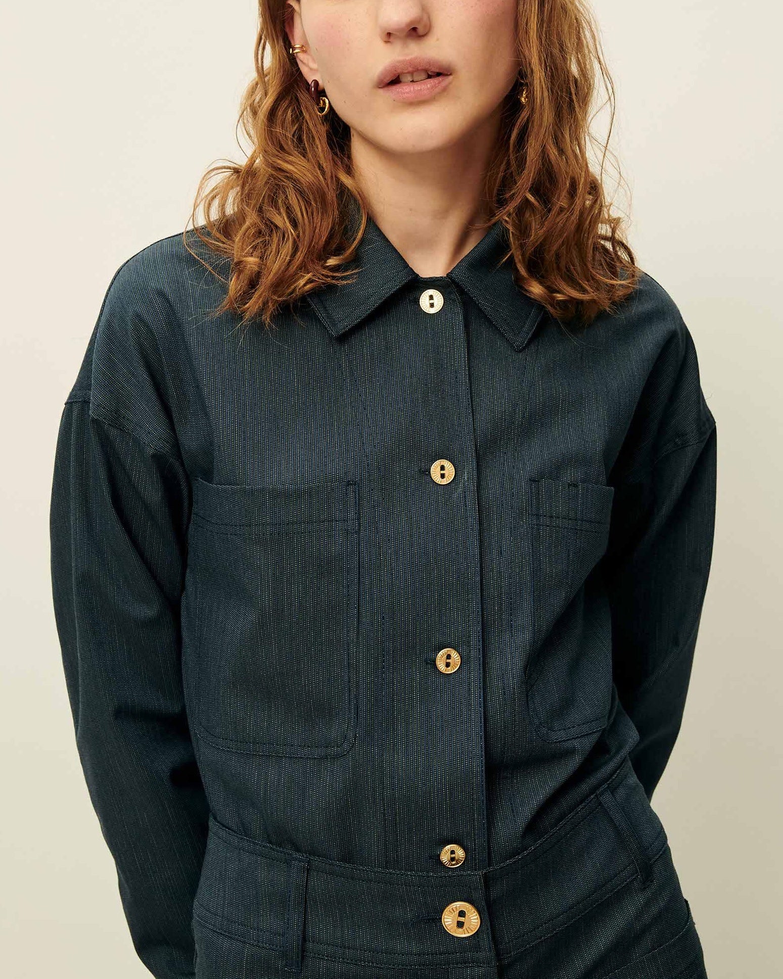 Unisex Overshirt Textured Slub-Yarn Cotton-Linen - Blue Worker-Blue - Image 3