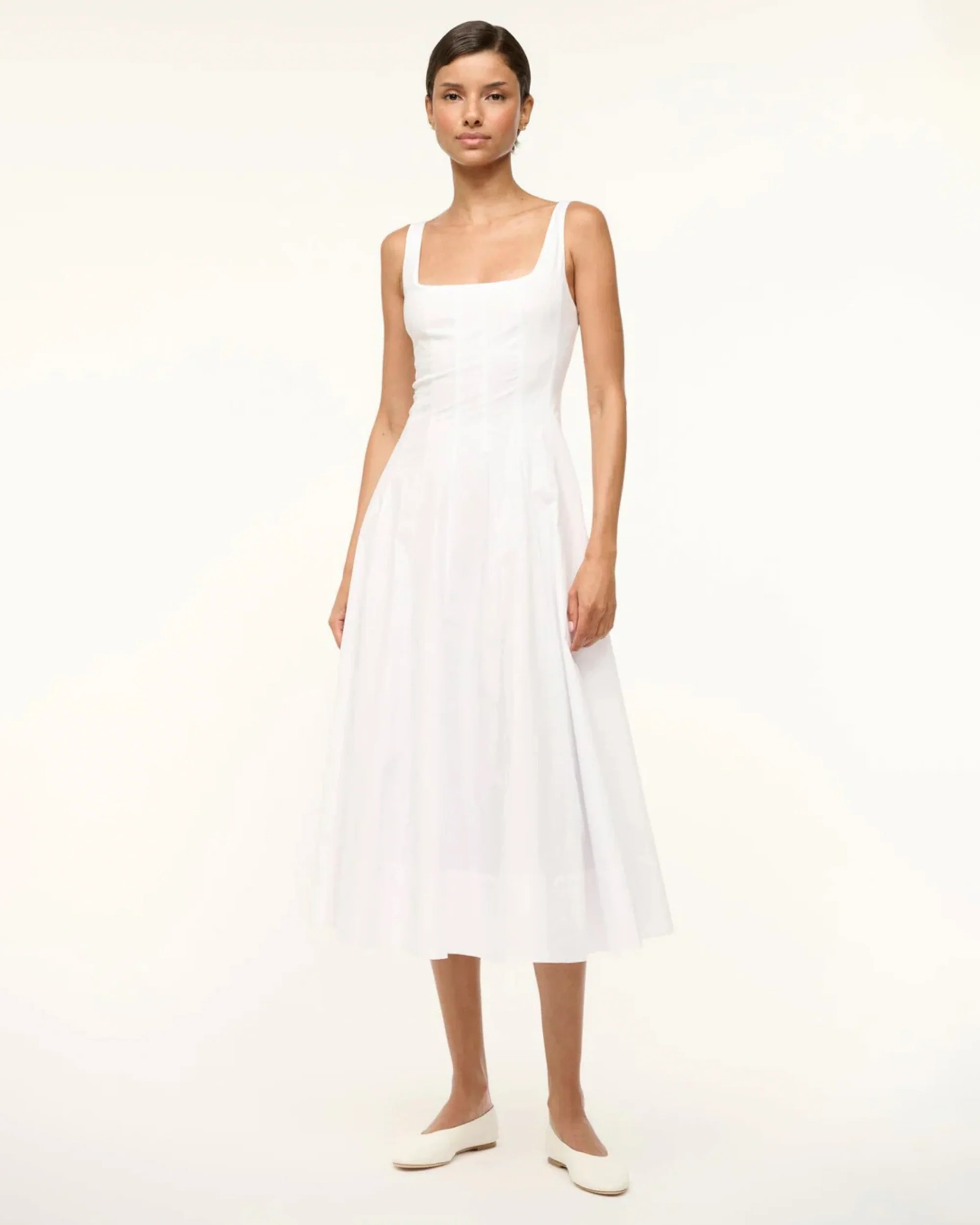 Staud | Wells Dress in Cotton Poplin Corset Bodice Midi White