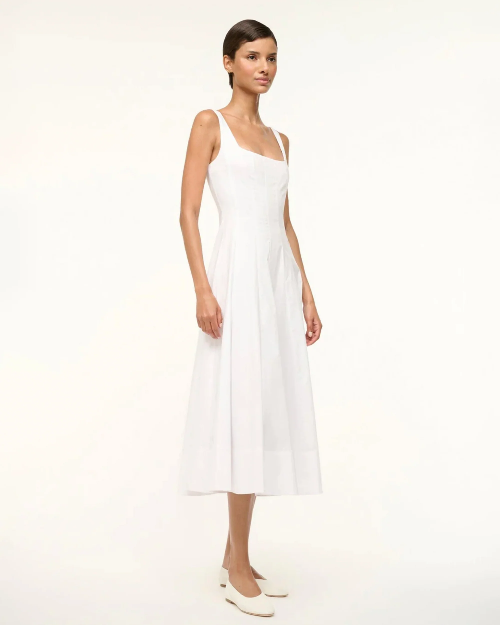 Staud | Wells Dress in Cotton Poplin Corset Bodice Midi White - Image 2