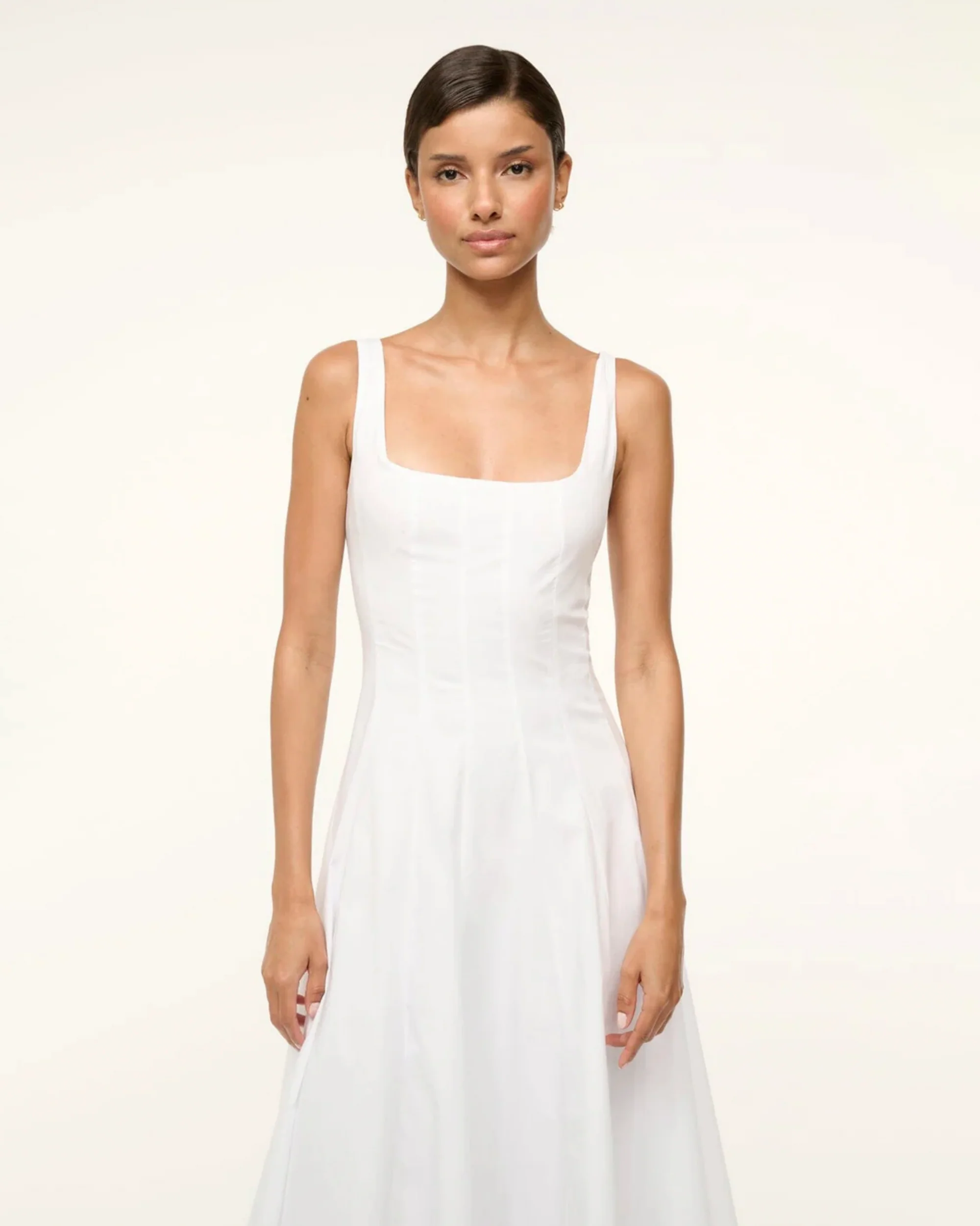Staud | Wells Dress in Cotton Poplin Corset Bodice Midi White - Image 4