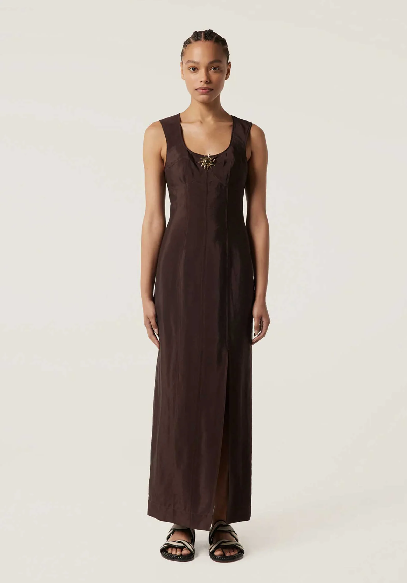 Tresse | Runa Fitted Long Dress - Brown with Front Slit