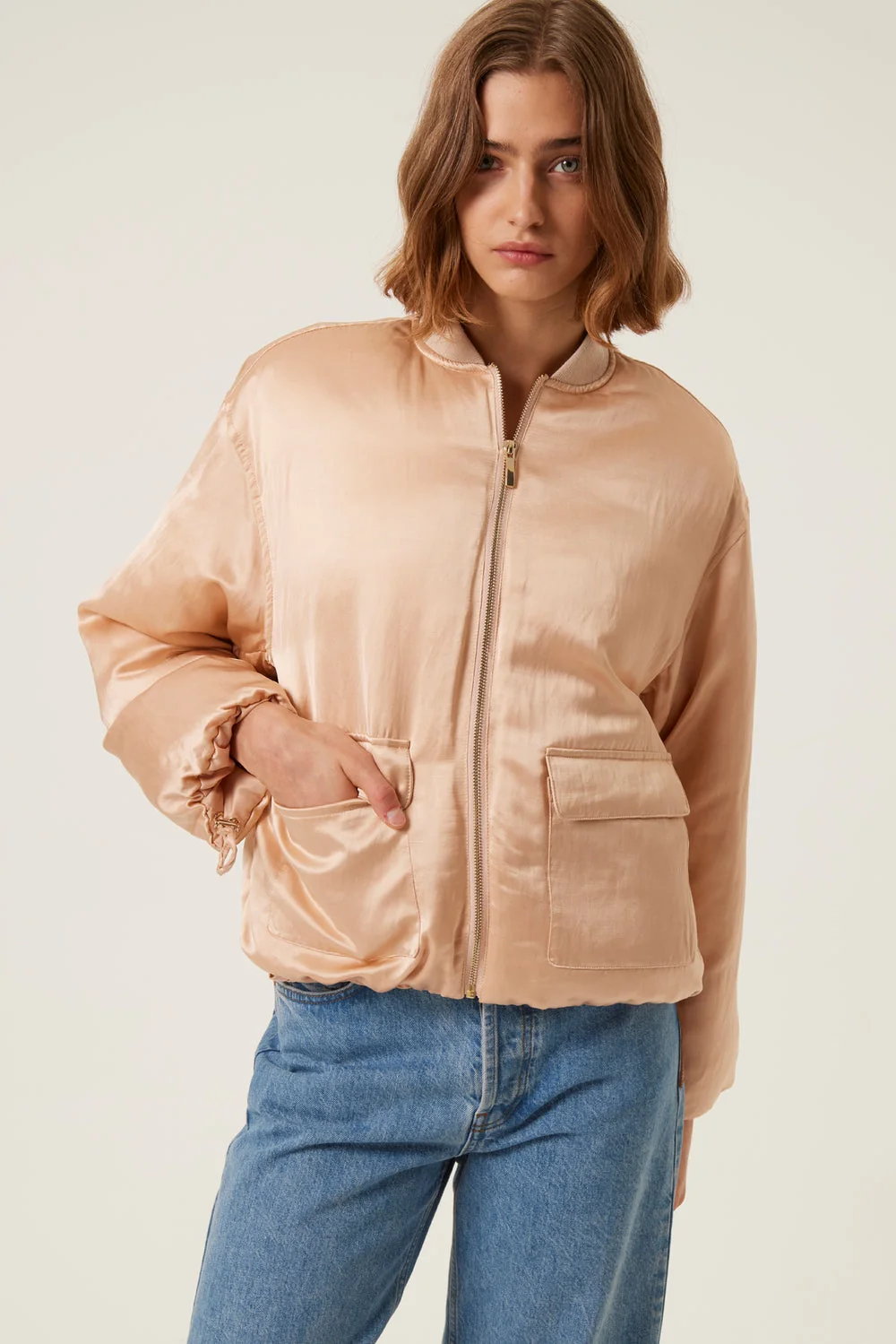Tresse | Dalma Oversized Satin Bomber Jacket Nude