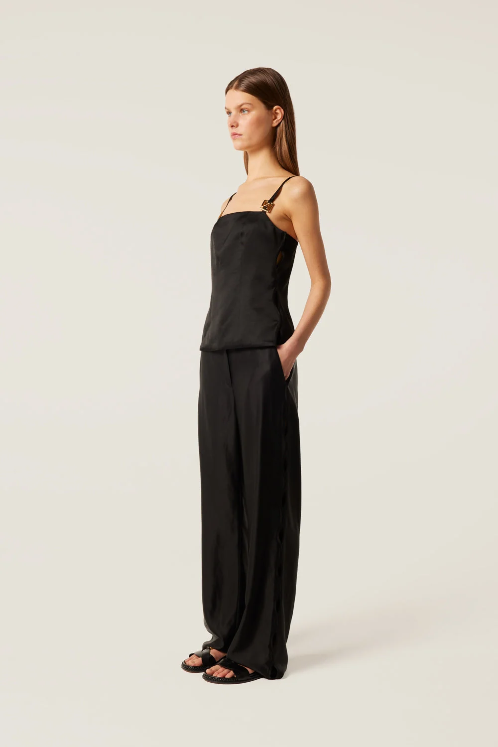 Tresse | Piono Wide-Leg Satin Pants with Side Braid Noir - Image 5