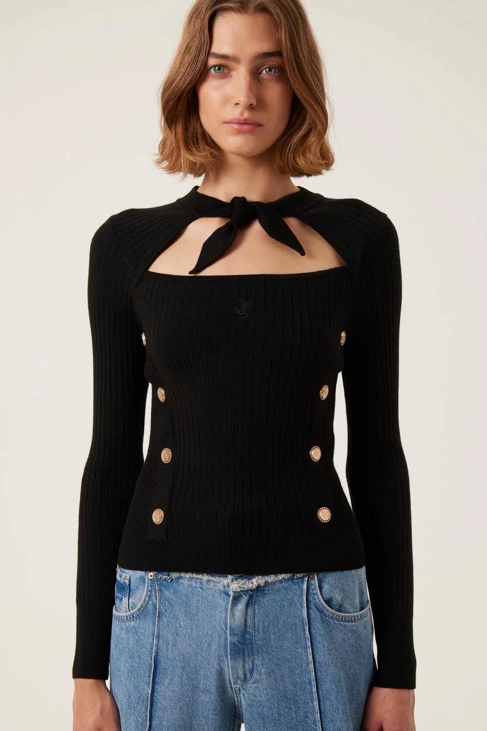 Tresse | Manta Pullover - Tie-Neck Knit with Cutout Black