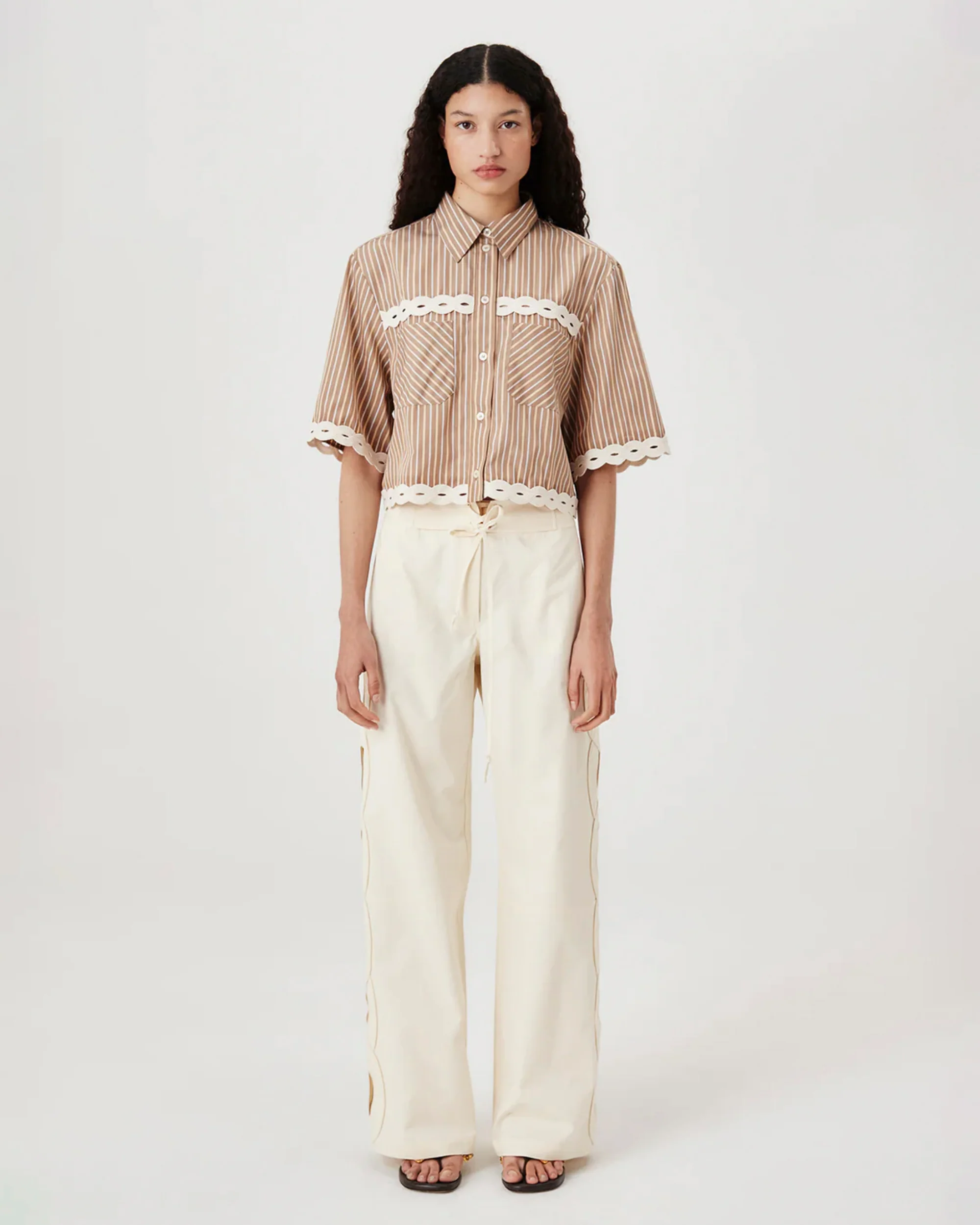 Tresse | Caviana Shirt - Cropped Cotton with Braided Ribbon Marron - Image 2