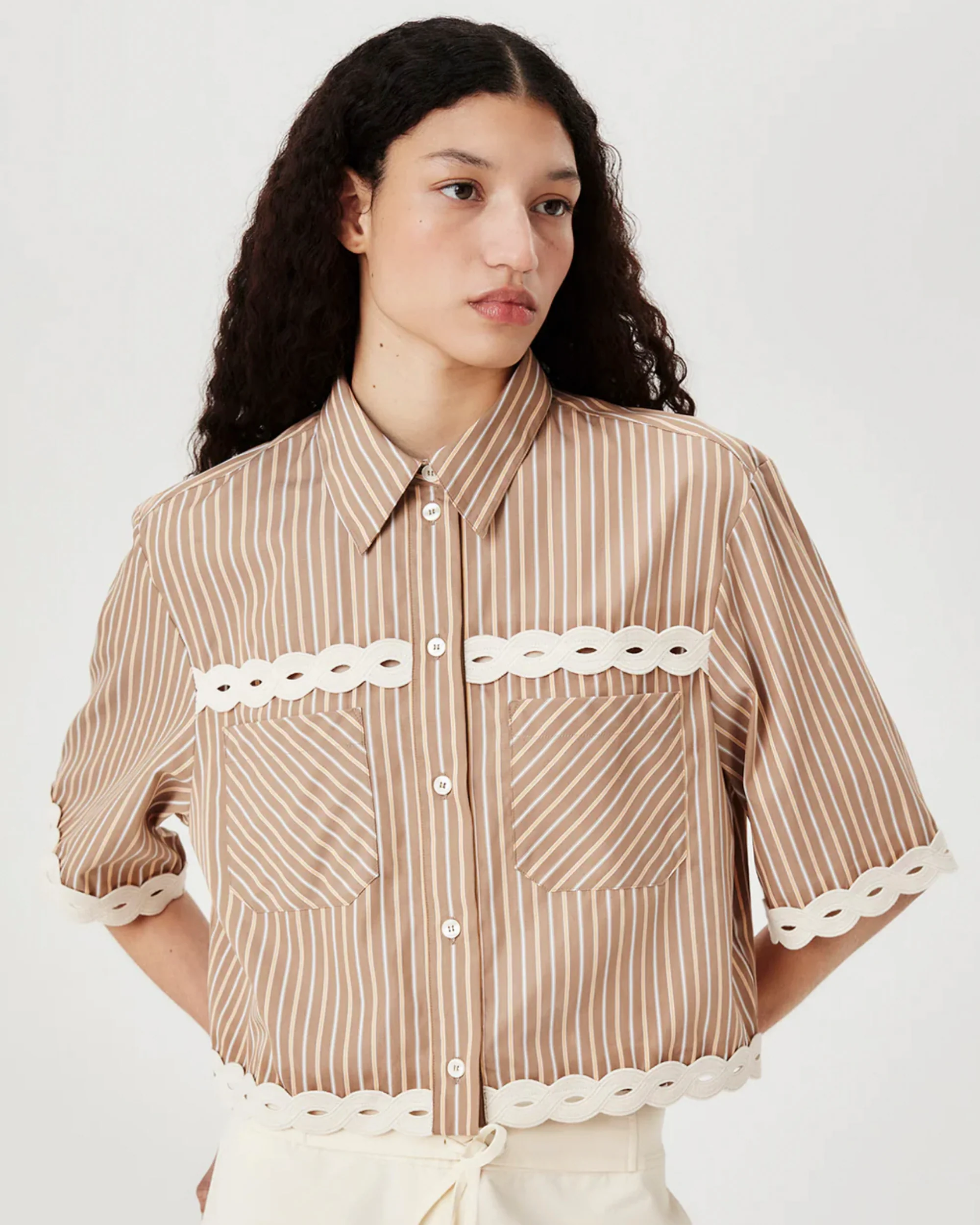 Tresse | Caviana Shirt - Cropped Cotton with Braided Ribbon Marron - Image 3