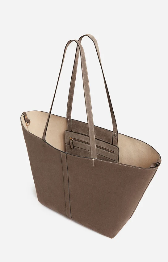 Unisex Tote Bag Velvet-Finish Cowhide Leather - Taupe - Image 5