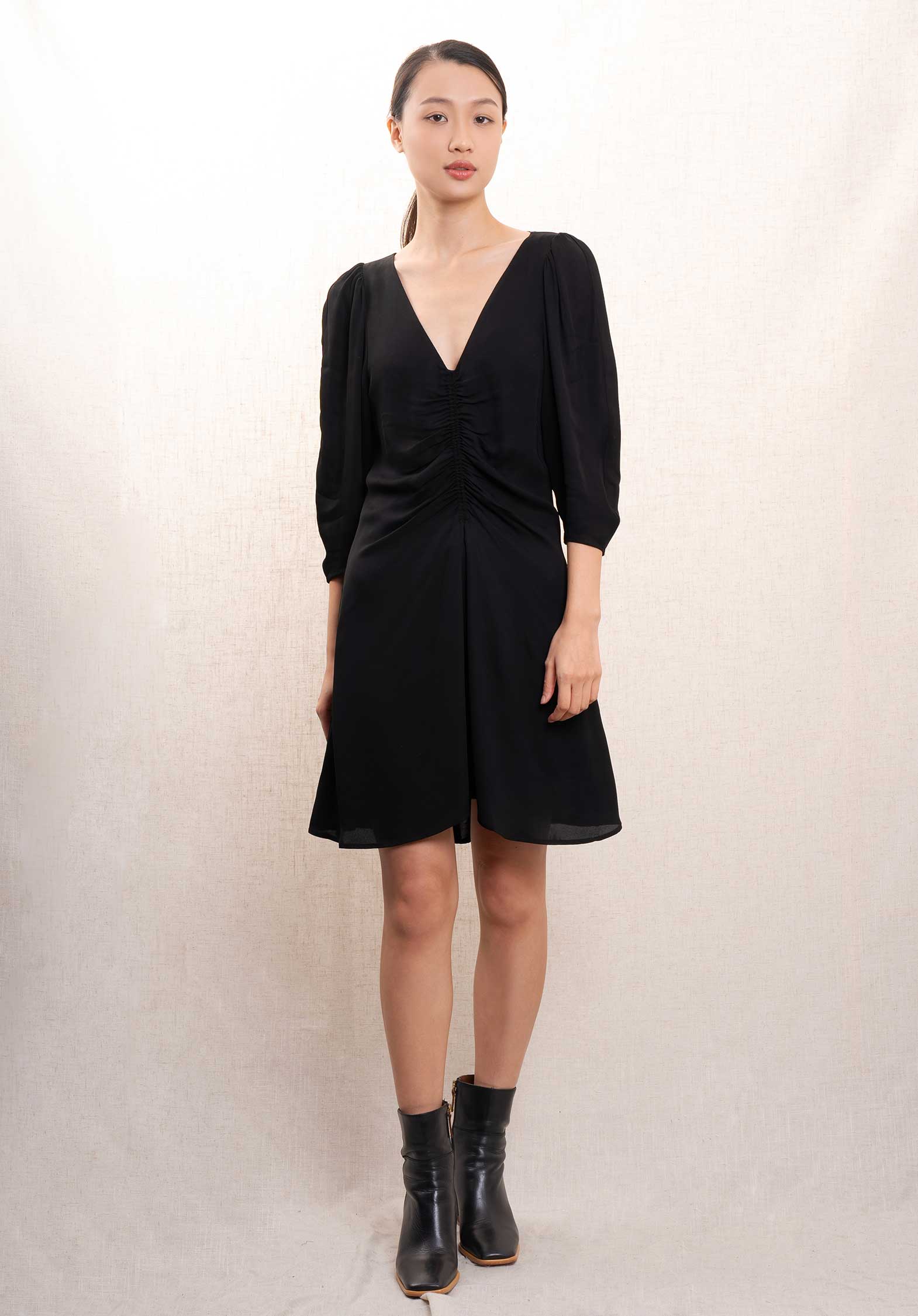 Vanessa Bruno | Gathered Waist Dress with Puffed Sleeves - Black