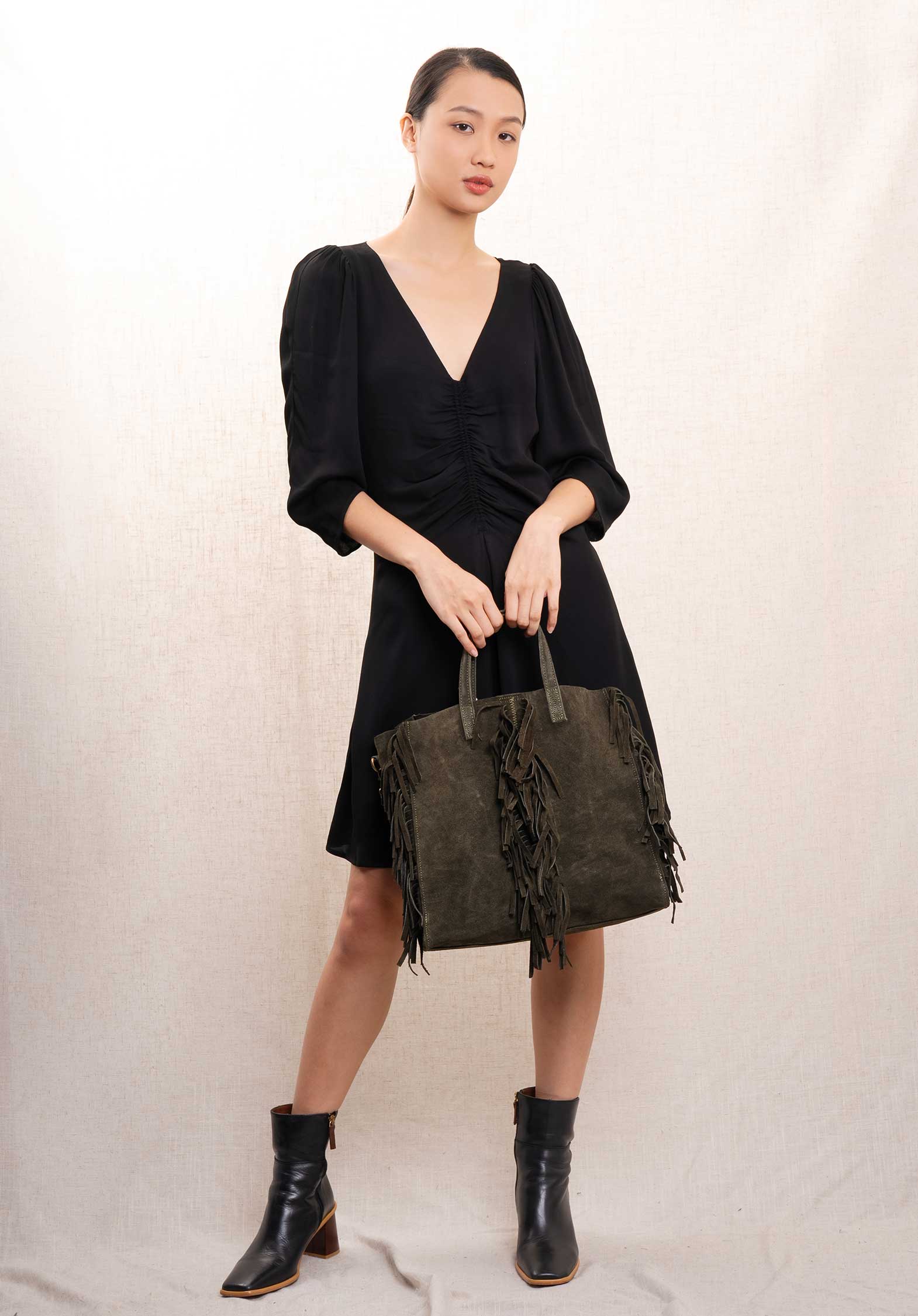 Vanessa Bruno | Gathered Waist Dress with Puffed Sleeves - Black - Image 5
