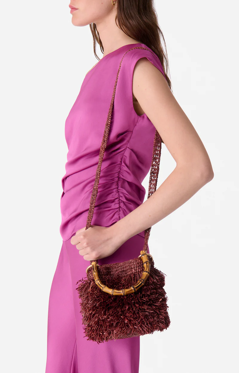 Vanessa Bruno | Raffia Bucket Bag with Bamboo Handle - Bordeaux - Image 3