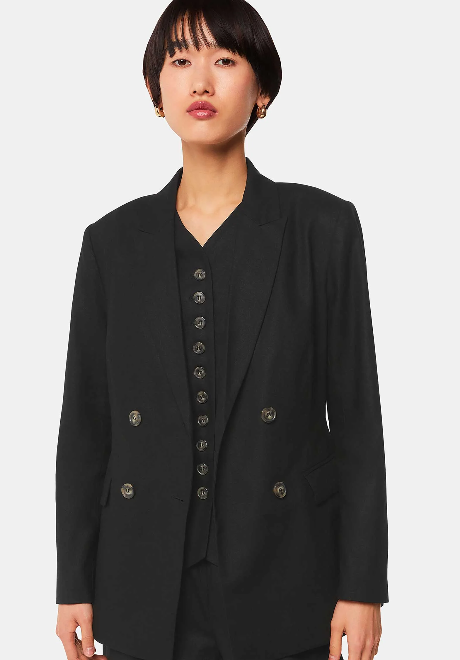 Whistles | Lindsey Linen Blend Double-Breasted Blazer - Black - Image 3