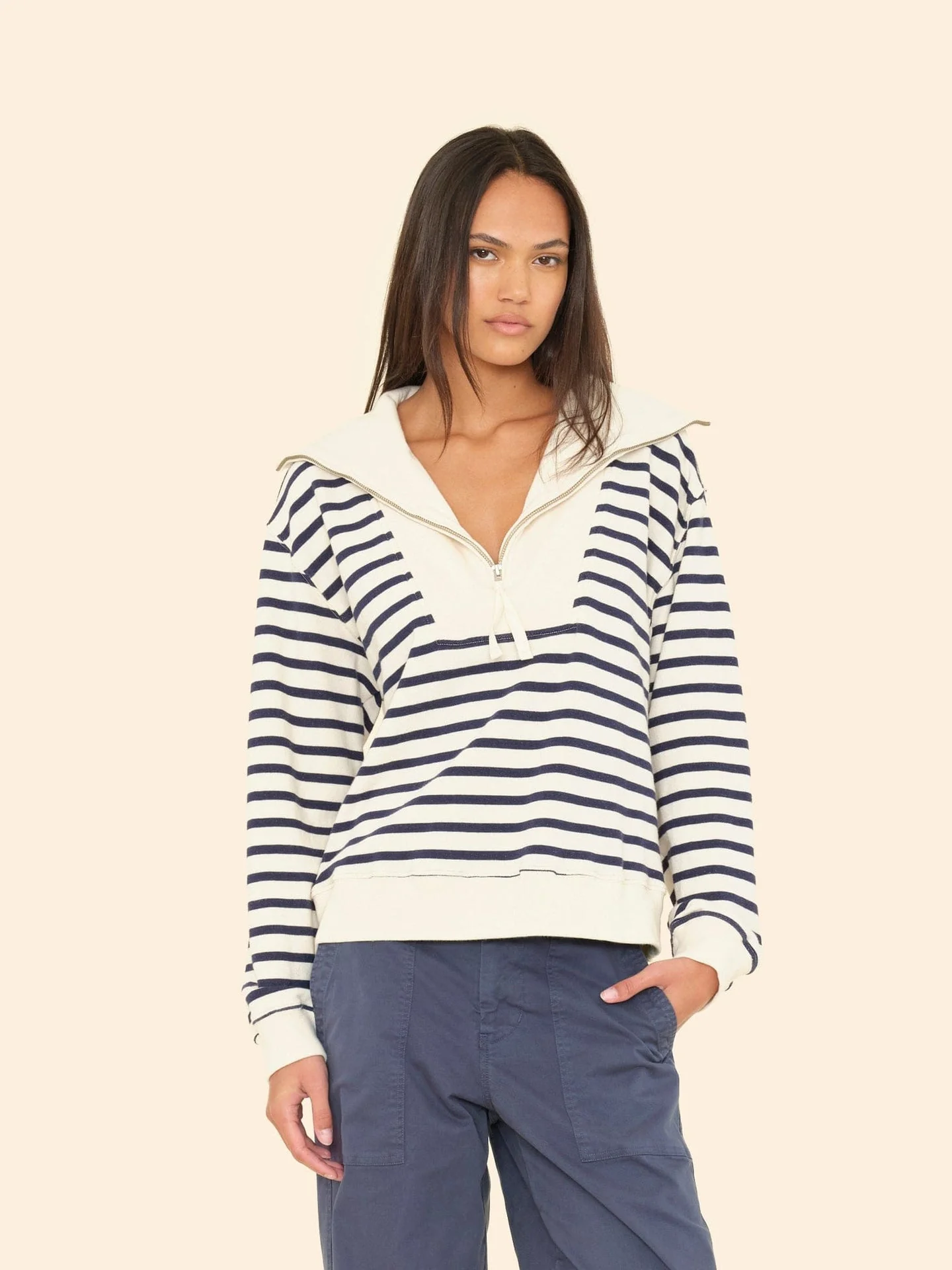 Xirena | Kat Striped Half-Zip Sweatshirt - Cotton French Terry Natural-Stripe
