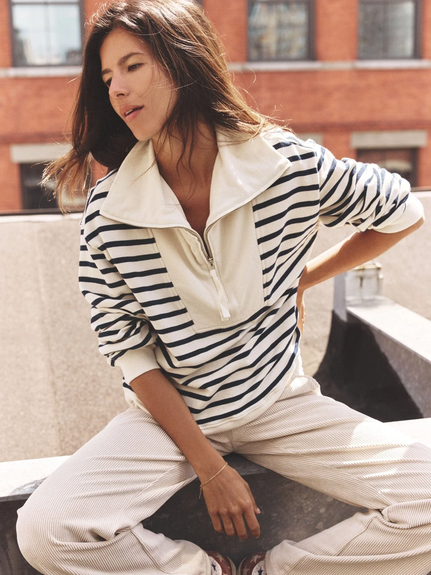 Xirena | Kat Striped Half-Zip Sweatshirt - Cotton French Terry Natural-Stripe - Image 2